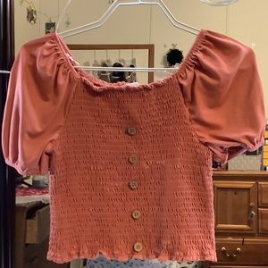 Stella Tweed Orangish/Pinkish Ruffled Crop Top with Wooden Buttons.